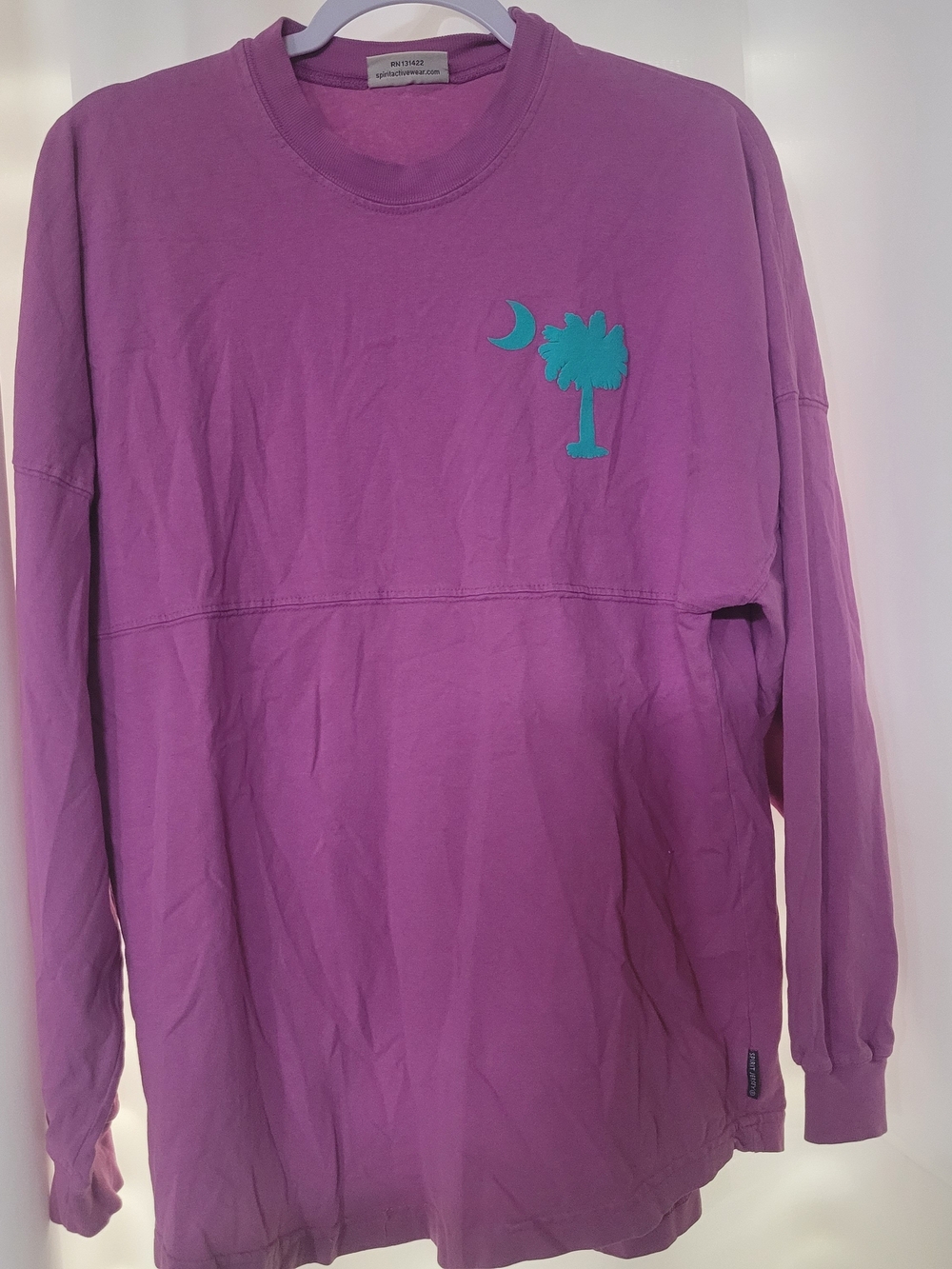 Long Sleeve Crewneck Tee in Purple with Teal Palm Motif